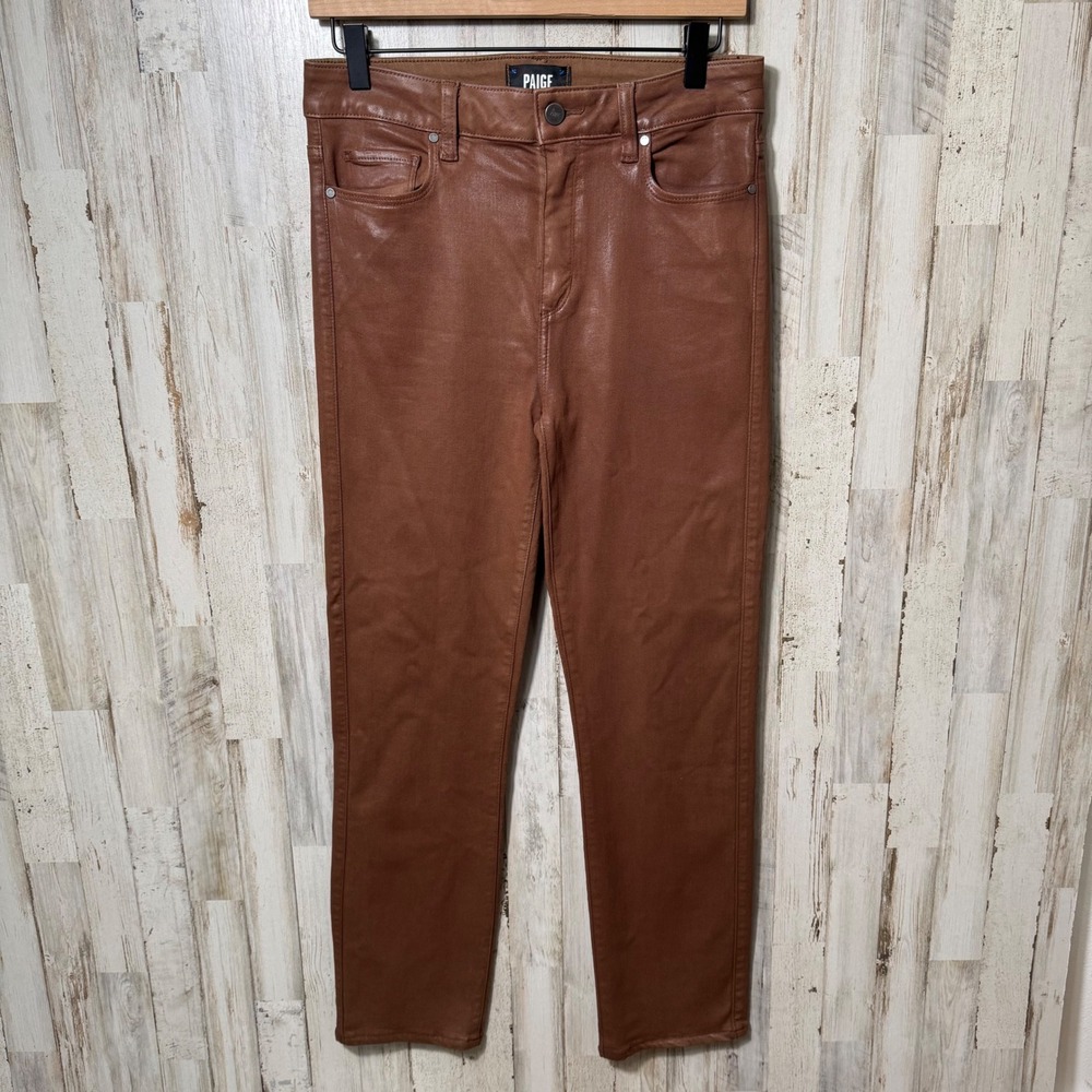 PAIGE Brown Cognac Cindy High Waist Ankle Straight Faux Leather Jeans Womens 29